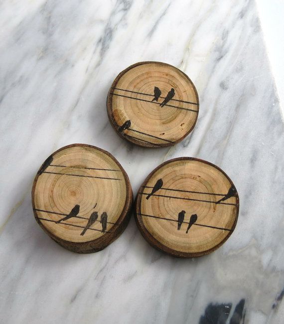 three birds sitting on top of wooden slices with wires painted on the wood and wire