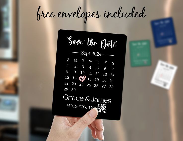 a person holding up a calendar in front of a refrigerator with magnets on it