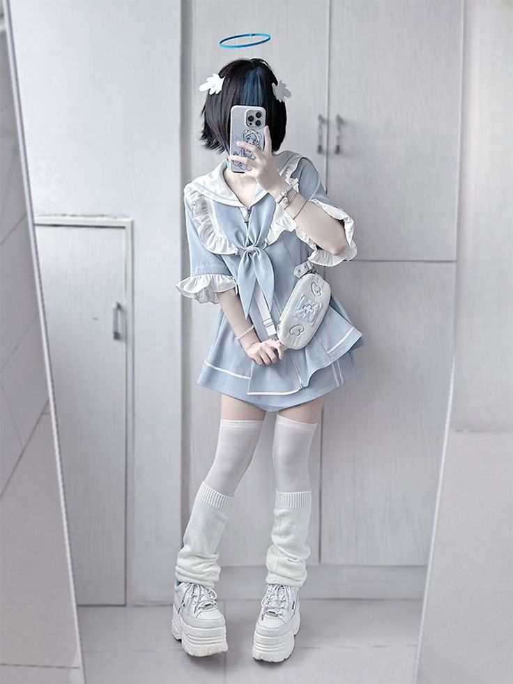 Blue Kawaii Outfit, Sailor Collar Dress, Kawaii Kei, Kawaii Outfit Ideas, Punk Skirt, Fashion Corset, Accordion Pleats, Jirai Kei, Punk Dress