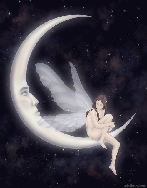 a fairy sitting on the moon with wings