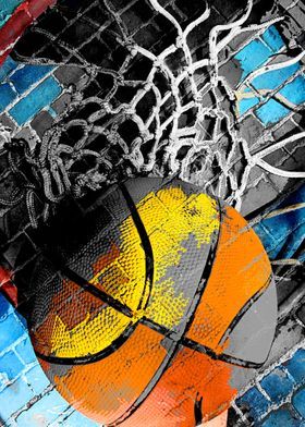 a basketball is going through the net in this abstract painting art print by panoramic images