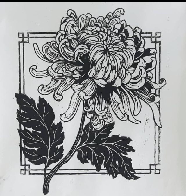 a black and white drawing of a flower in a square frame with leaves on it