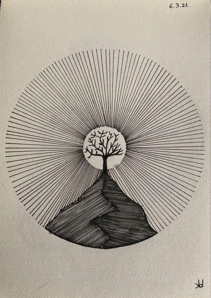 an ink drawing of a tree on top of a mountain with sun rays coming out