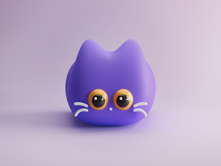 a purple cat with big yellow eyes on it's face is shown in front of a gray background