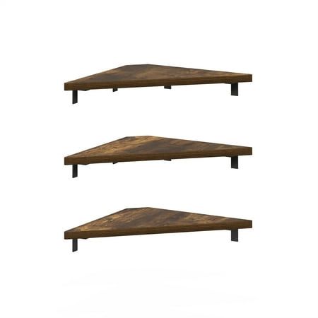 three wooden shelves with metal legs on each shelf, one is empty and the other has two