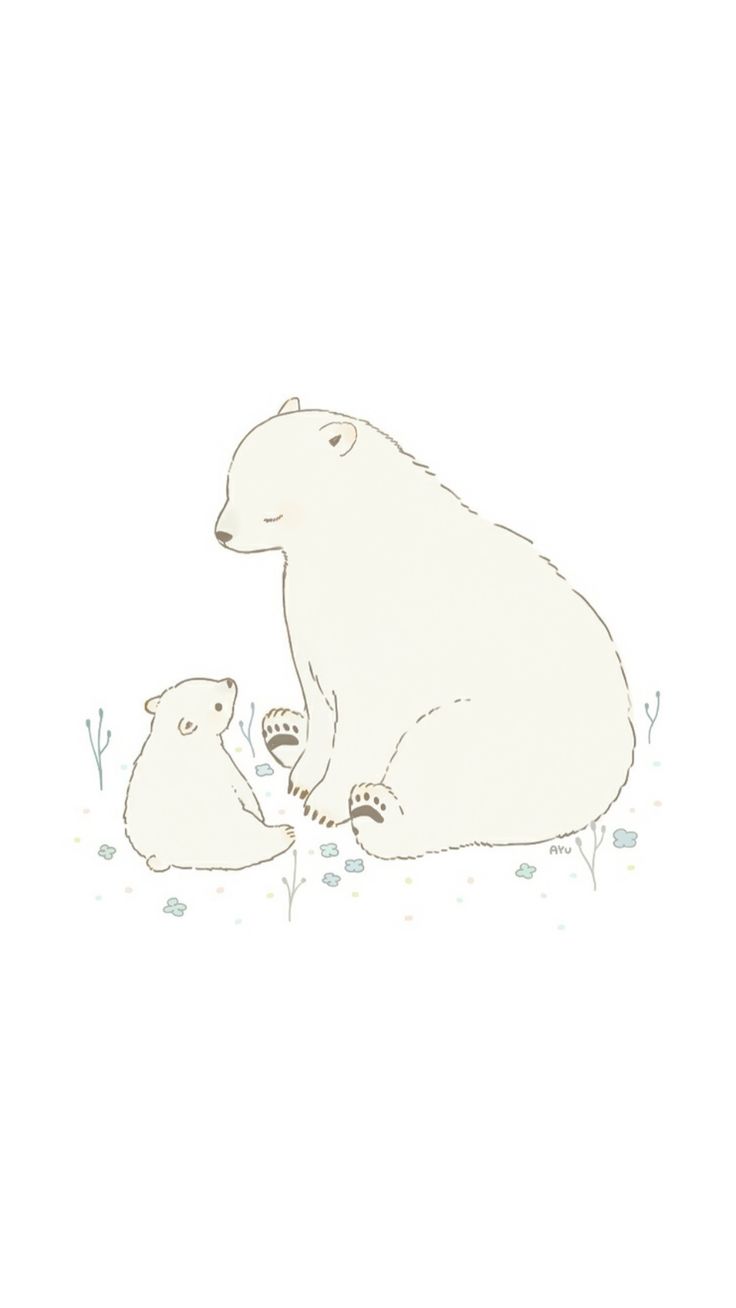 a polar bear and her cub are sitting on the ground in front of snowflakes