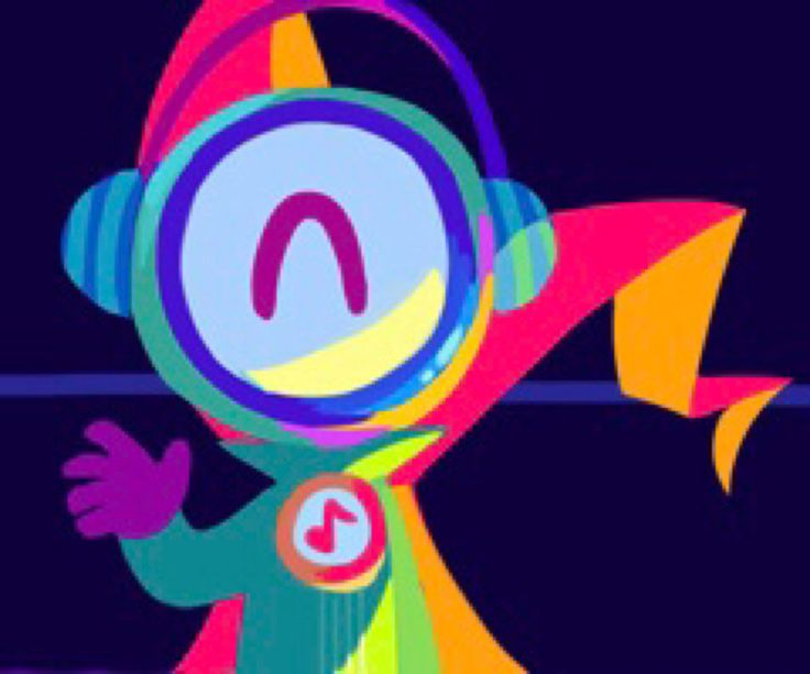 a colorful cartoon character with headphones on and arms out in front of a dark background