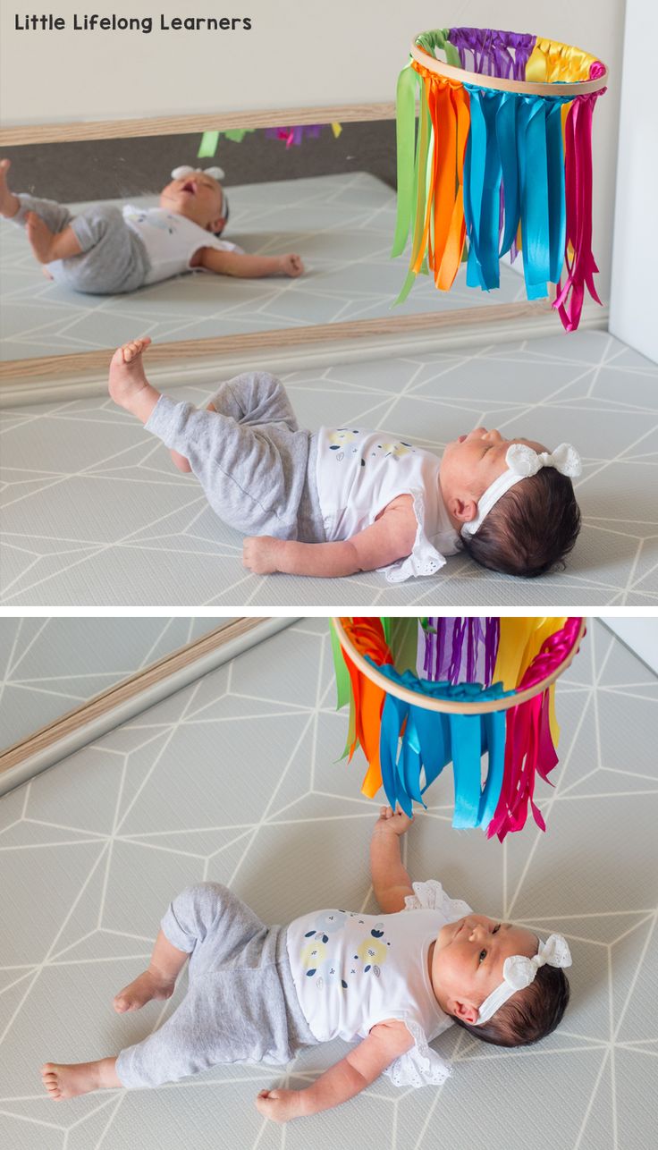 two photos of a baby laying on the floor and playing with a colorful streamer