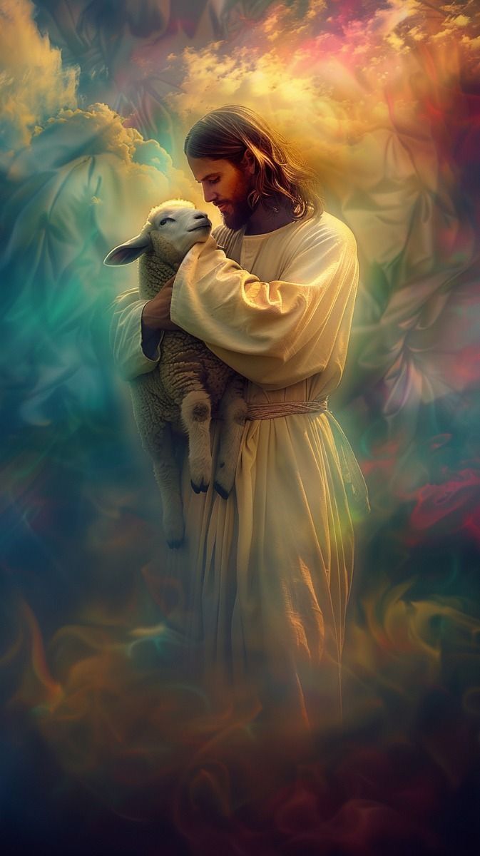 a painting of jesus holding a lamb in his arms