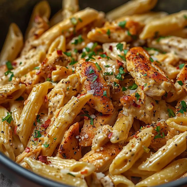 pasta with chicken and parmesan cheese in a bowl