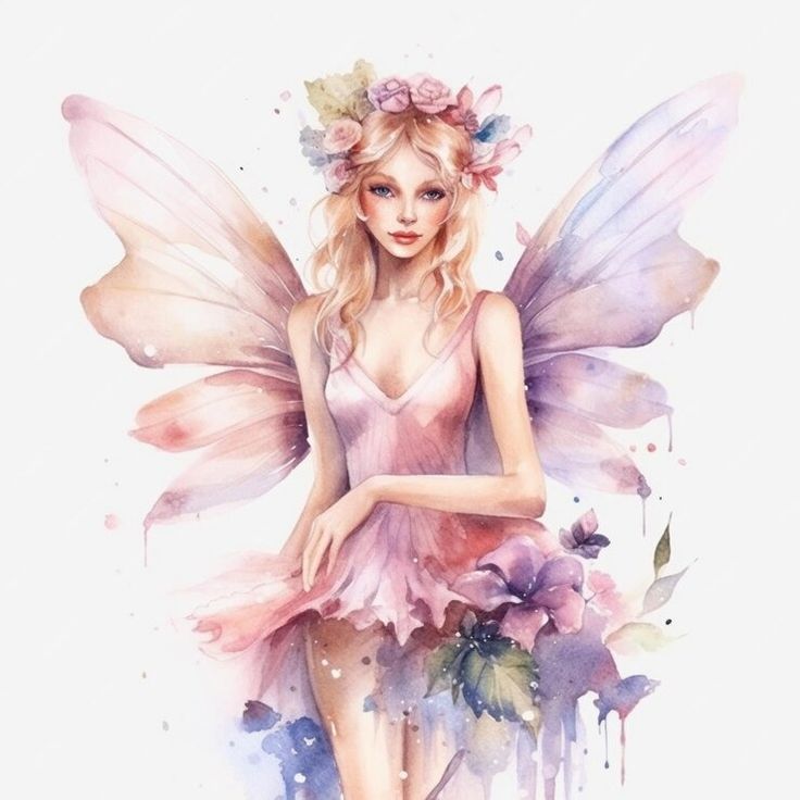 a painting of a fairy with flowers on her head and wings, standing in front of a white background