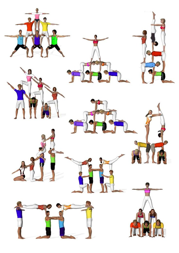 a group of people doing yoga poses in various positions and standing on one leg with their hands together