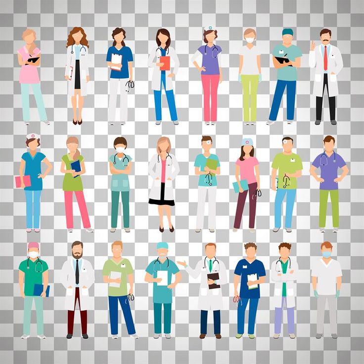 a group of people standing together in different colors and sizes, all wearing medical garb