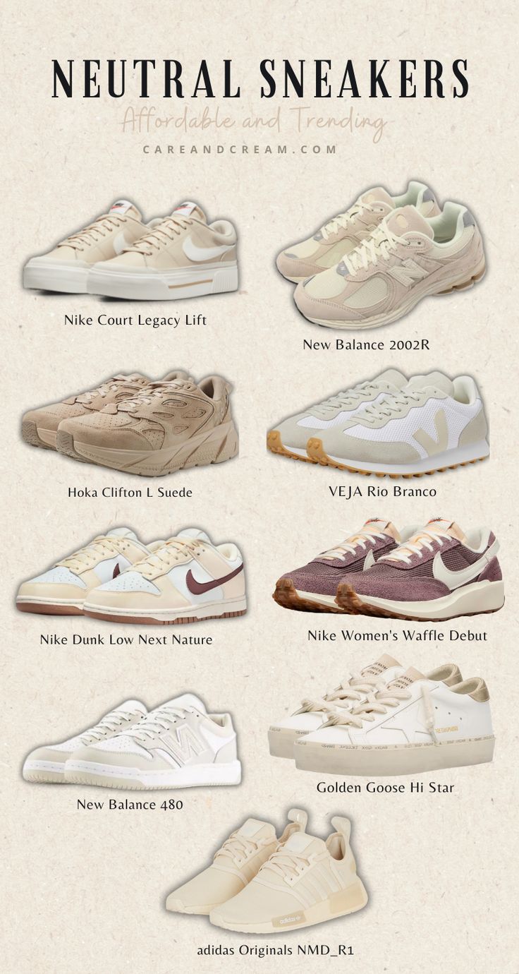 Cute Trainers Women, Tan New Balance Outfit, Nike Sneker, Best Nike Sneakers Women, Neutral Everyday Shoes, New Balance Nude Sneakers, White And Beige Sneakers, New Balance Shoes Woman, New Balance Styling