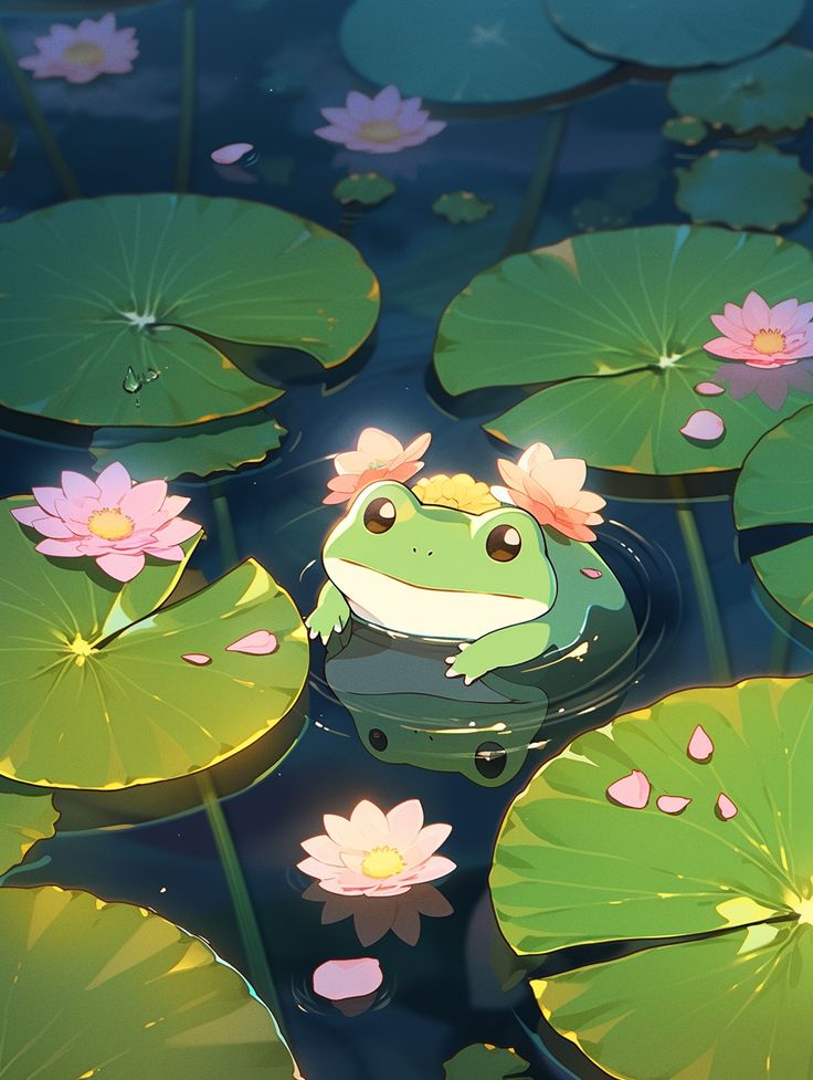 a frog sitting on top of lily pads in the water