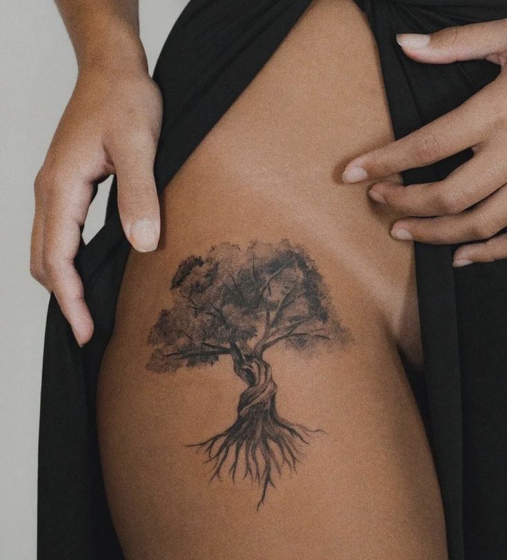 Tree Tattoo On Shoulder For Women, Tree On Leg Tattoo, Olive Tree Tattoo Men, Tree Tattoo Designs Men, Tree With Roots Tattoo, 2024 Checklist, Maple Tree Tattoo, Tree Thigh Tattoo, Olive Tree Tattoo