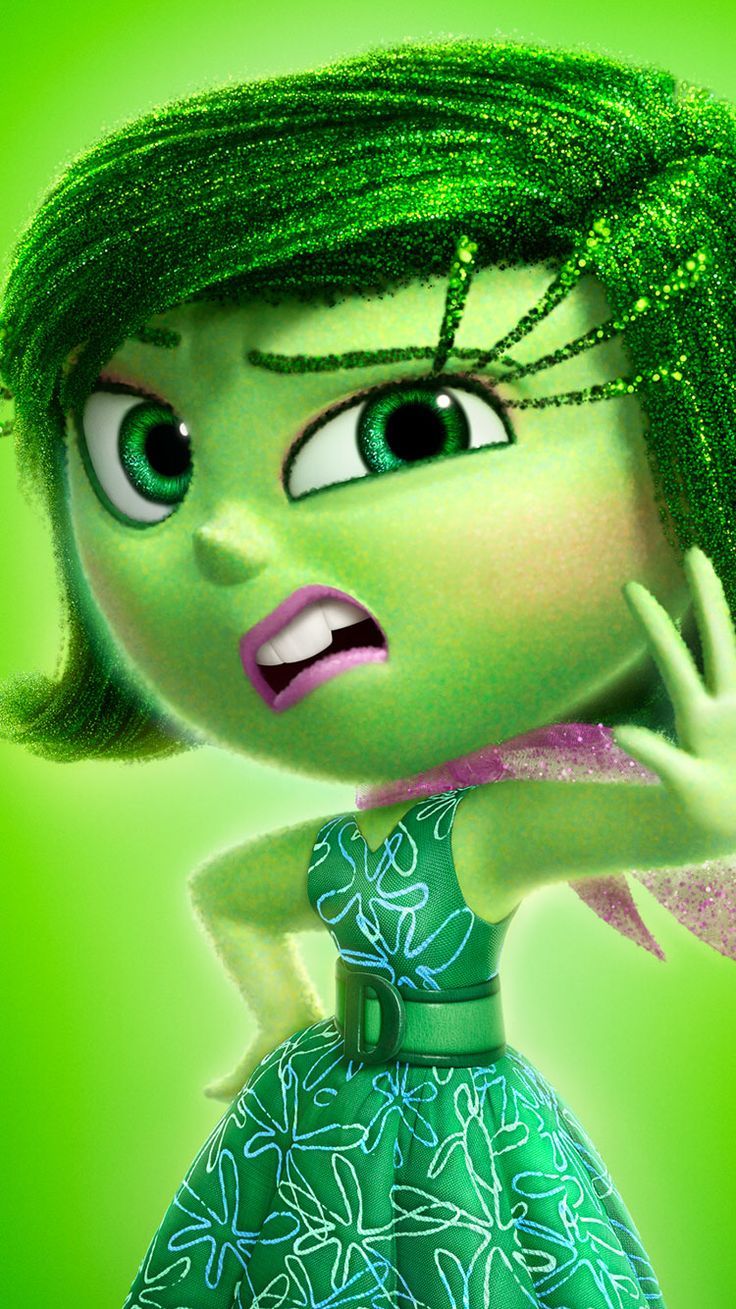 an animated character with green hair and big eyes, dressed in a blue dress holding her hand up to her face