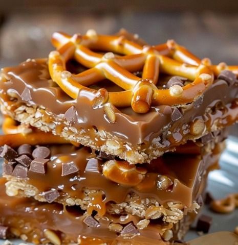 chocolate and pretzel bars stacked on top of each other