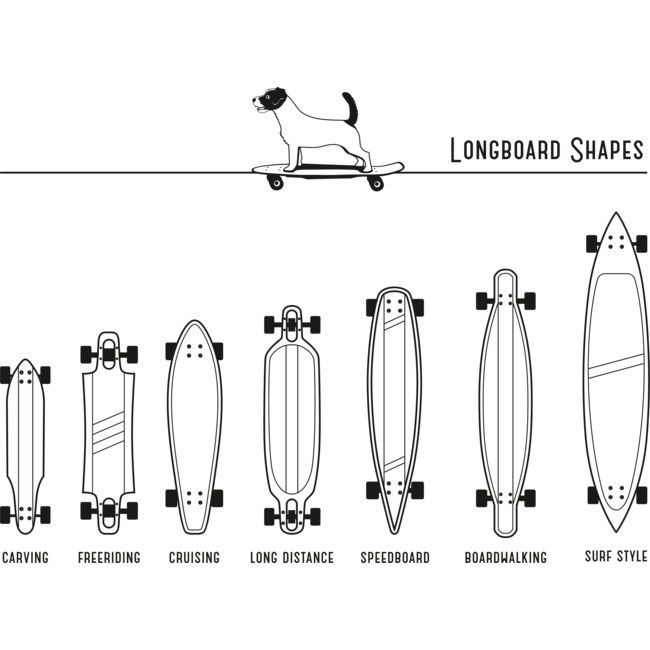 the longboard shapes are shown in black and white, with an image of a dog on