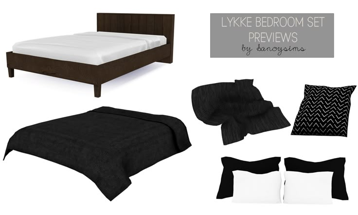 the bed is made up with black and white pillows, blankets, and throw pillows