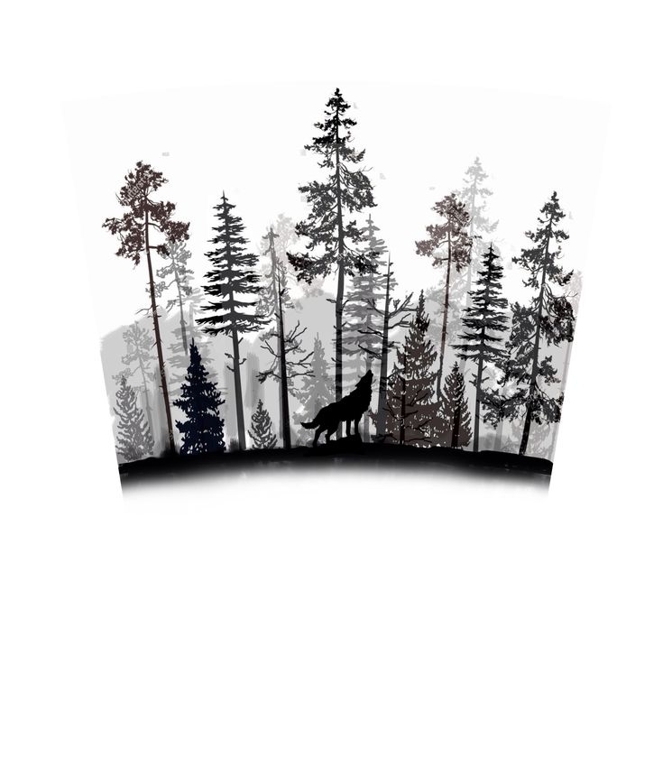 a black and white photo of trees with a wolf in the middle on it's side