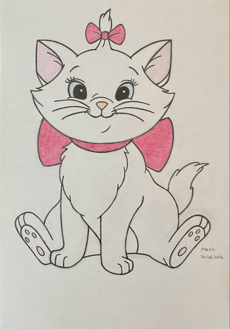 a drawing of a cat wearing a pink bow