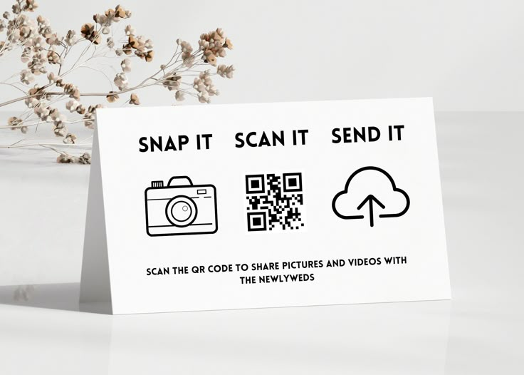 a white card with some black and white images on it that says snap it, scan it, send it