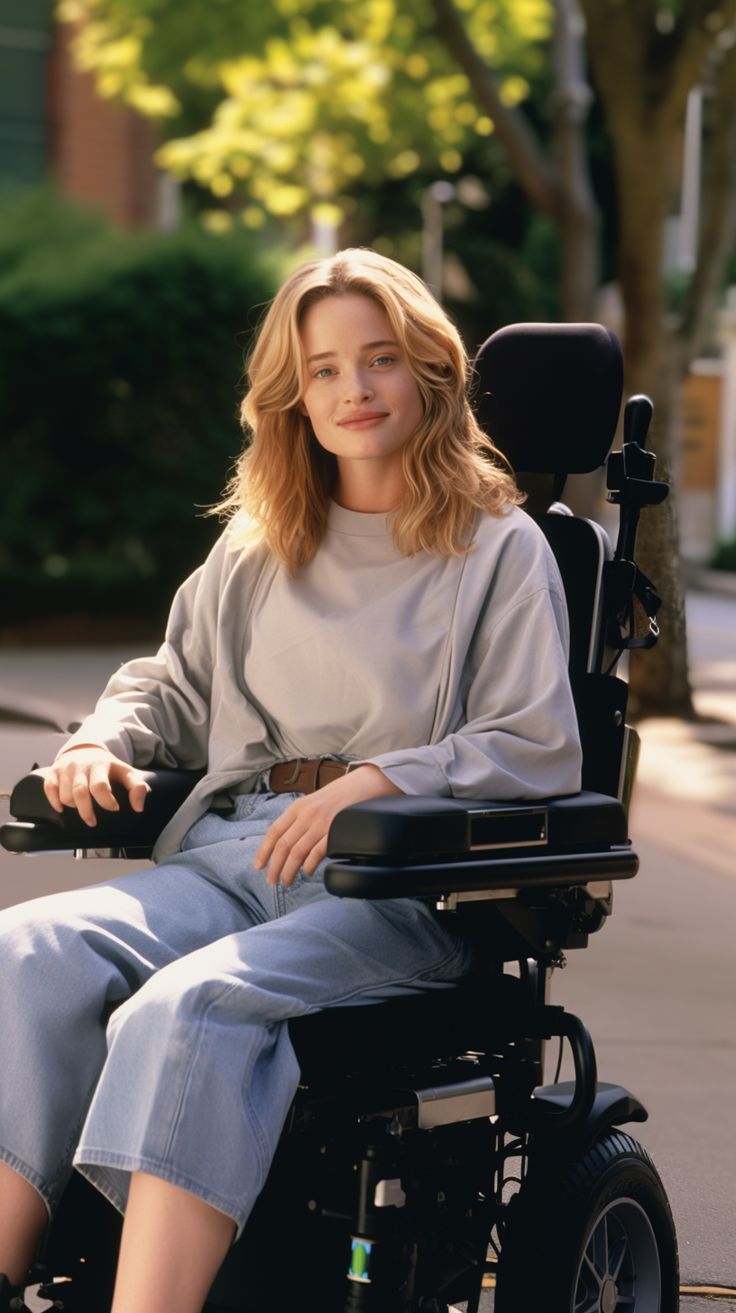 a woman sitting in a wheel chair on the street