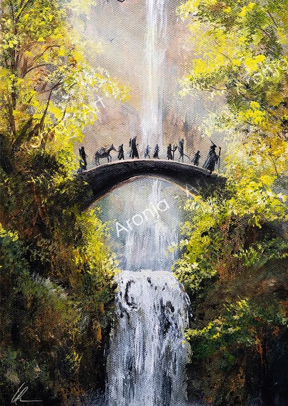 a painting of people standing on a bridge over a waterfall