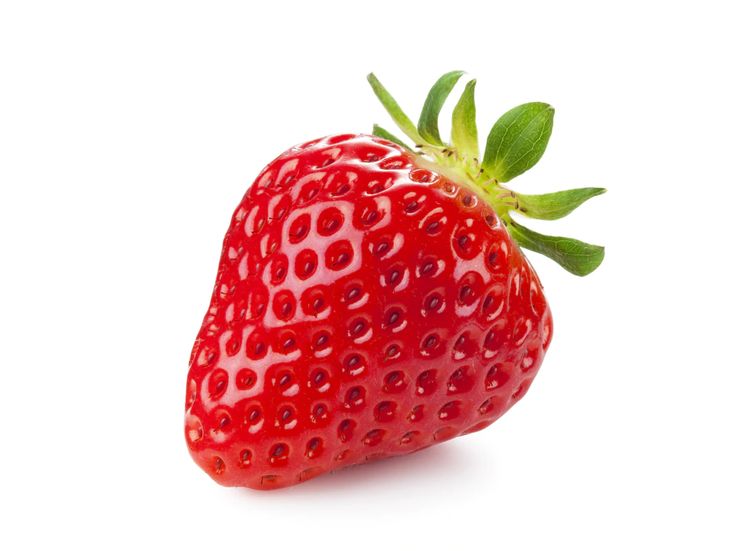 a close up of a strawberry on a white background with clippings to the side