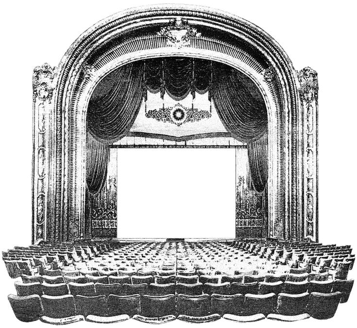 an old theater with seats and curtains on the stage, vintage line drawing or engraving illustration