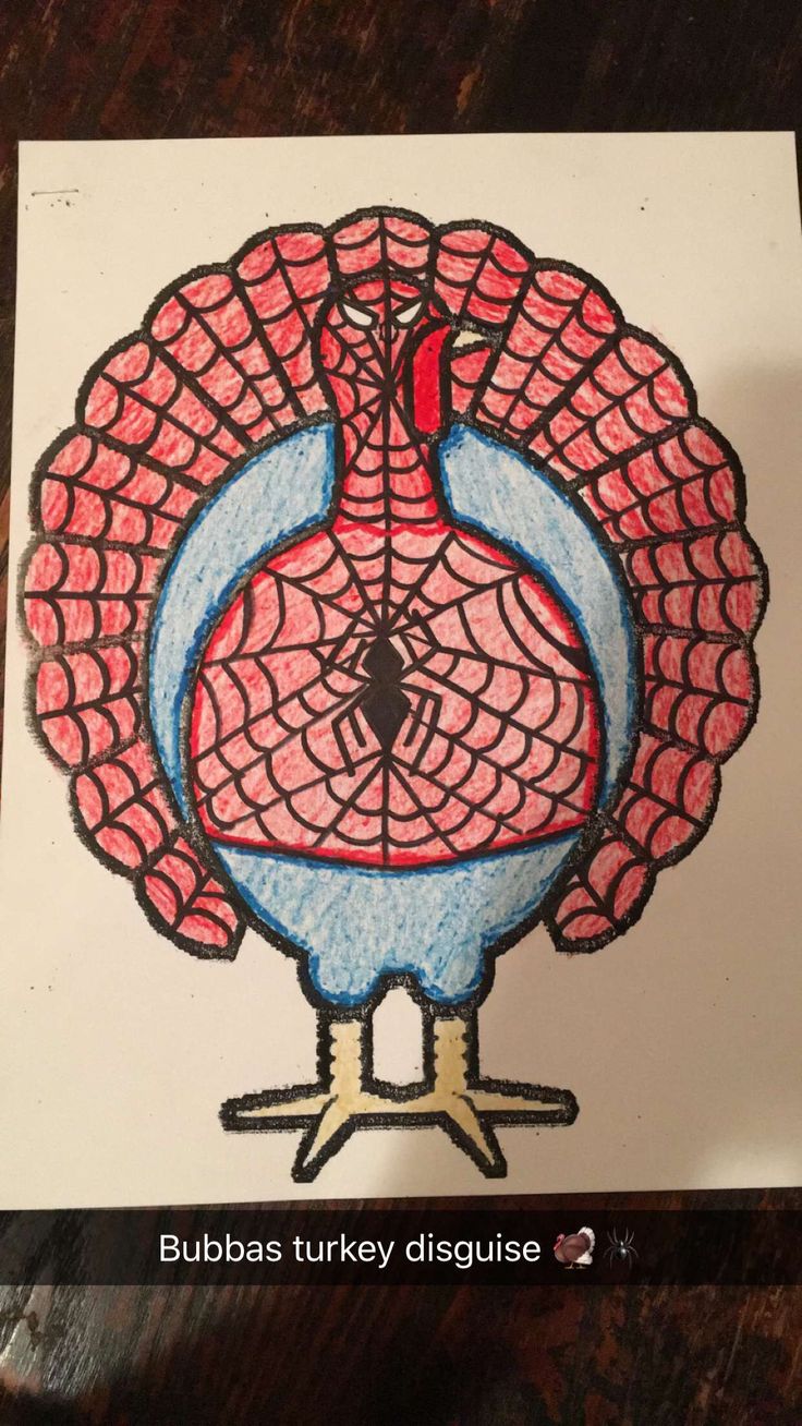 a drawing of a turkey with red, blue and pink colors on it's face