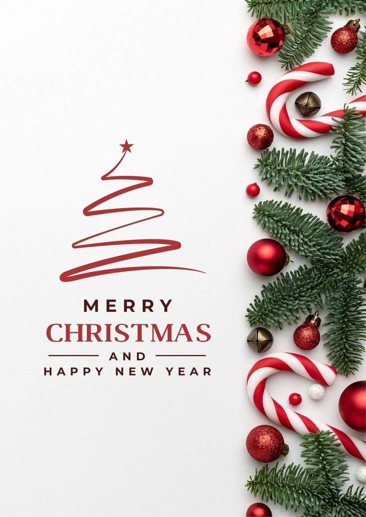 merry christmas and happy new year greeting card with fir tree, candy canes and ornaments