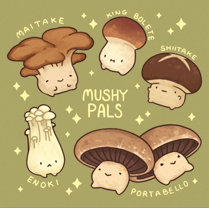 mushrooms are arranged in the shape of a circle on a green background with words that read,