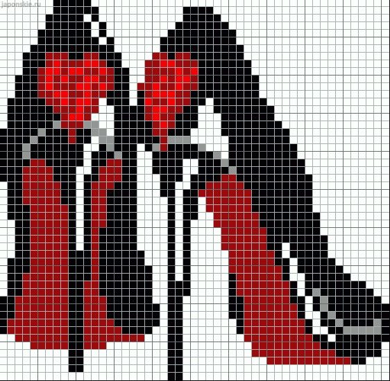 a cross stitch pattern with two red high heeled shoes on the bottom and one black shoe