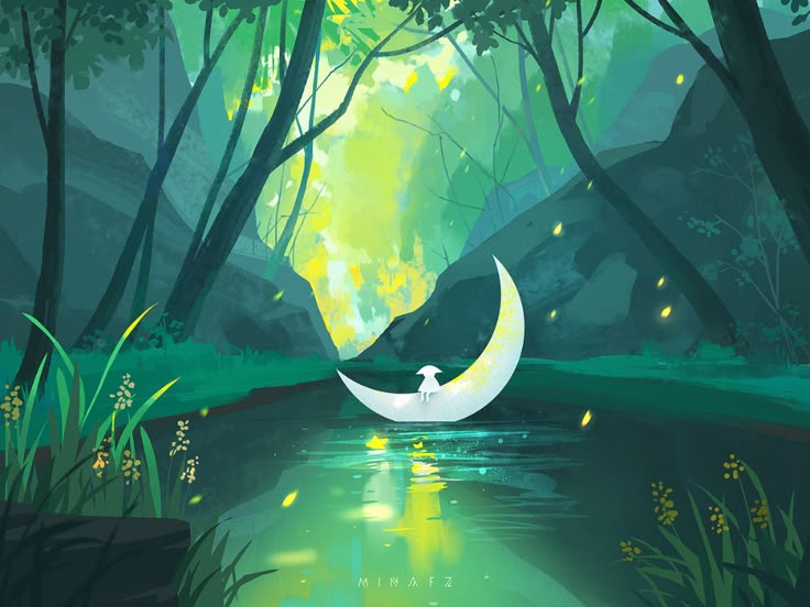 a painting of a person sitting on a crescent moon in the middle of a forest