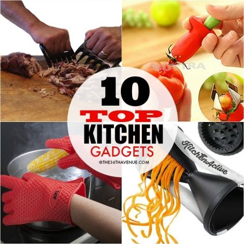 the top ten kitchen gadgets are on display in this collage, with text overlay