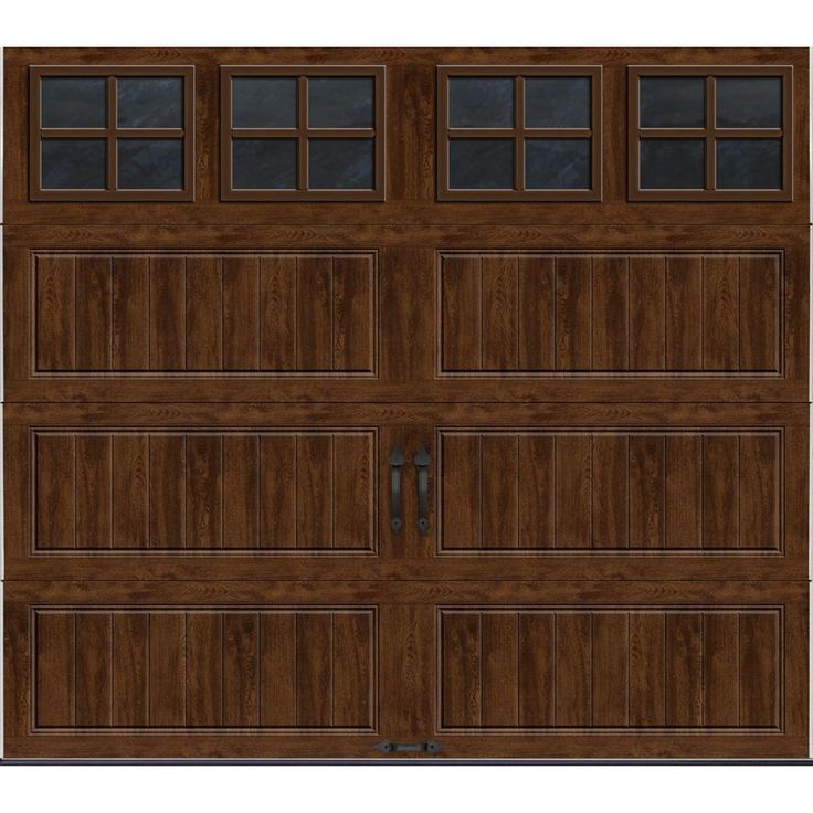 an image of a wooden garage door with glass on the top and bottom paneling