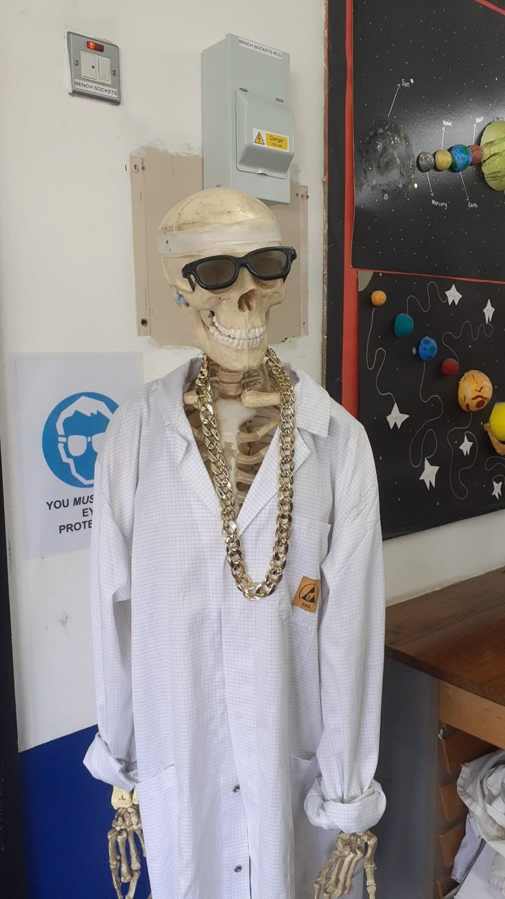 a mannequin dressed up as a skeleton in a lab coat and sunglasses with chains around his neck