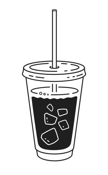 a black and white drawing of a drink with ice cubes on the rim, in a plastic cup