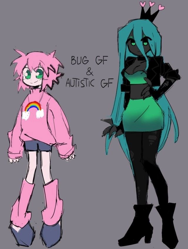 two cartoon characters one with blue hair and the other wearing pink, standing next to each other