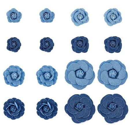 twelve blue flowers are arranged in rows on a white background, each with a single flower at the center