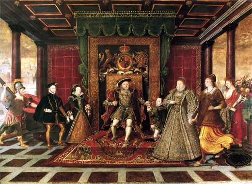 a painting of people standing in front of a throne