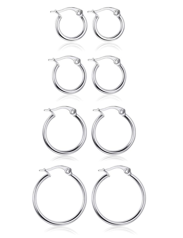 PRICES MAY VARY. HIGH QUALITY MATERIAL: The hoop earrings are made with 316L stainless steel which is high polished finish, lead-free, cadmium-free, allergy safety and does not readily corrode, rust, or stain with water.Safer and healthier, safe for your skin. AFFORDABLE PRICE+MULTIPLE CHOOSE: 4 pairs of different diameter hoops in a set. Diameter Option:10mm,12mm,15mm,20mm. All hoop earrings are silver tone, fashion and durable. The sizes are just perfect for daily outfit. You can choose to wea Small Silver Hoop Earrings, Nickel Free Jewelry, Small Hoop Earrings, Nickel Free Earrings, Mini Hoop Earrings, Hoop Earring Sets, Free Earrings, Huggie Earrings, Cartilage Earrings