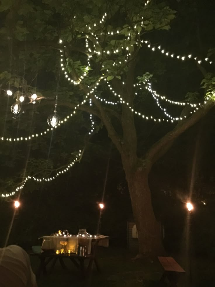 a tree with lights hanging from it's branches and some people sitting at a table