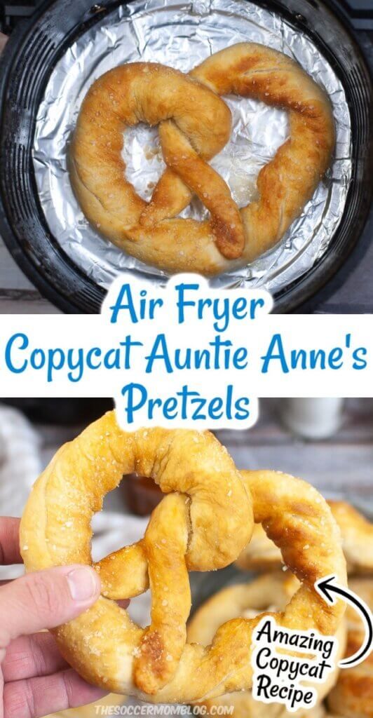 an air fryer with two pretzels in it and the words, air fryer copy - autie anne's pretzels