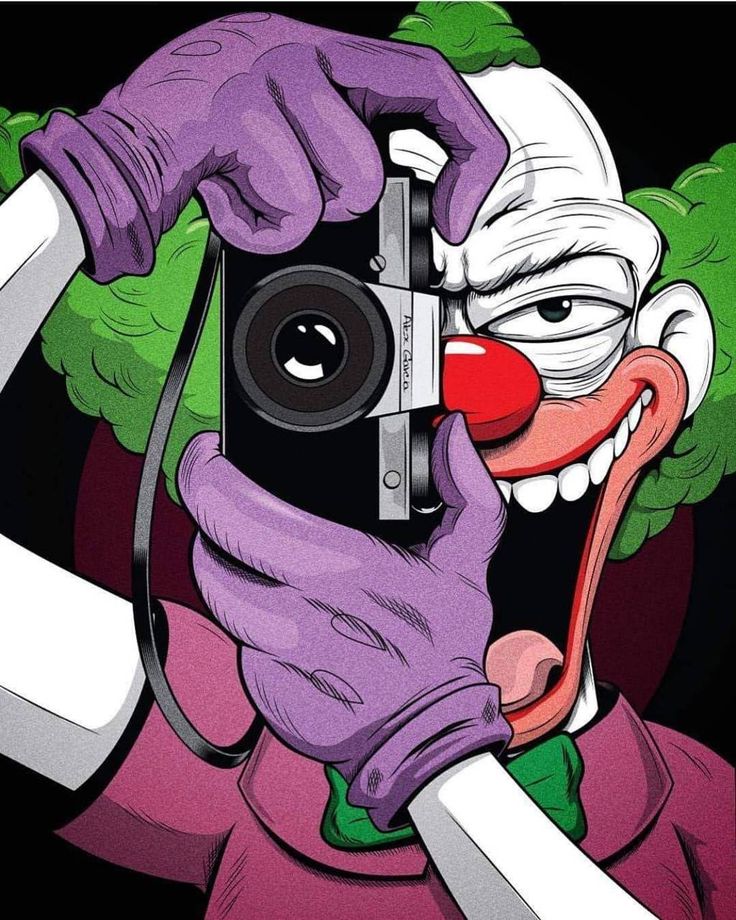 a cartoon character holding a camera and taking a picture with it's clown face