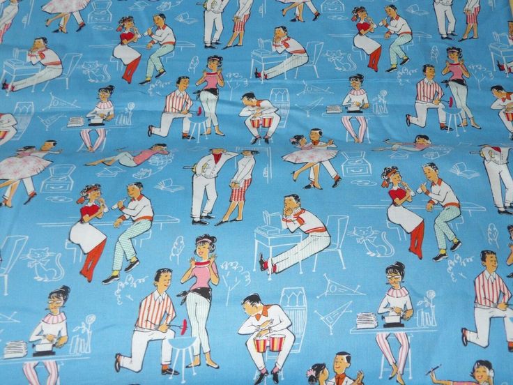 an image of a blue fabric with people on it that is very similar to the famous tv show grease