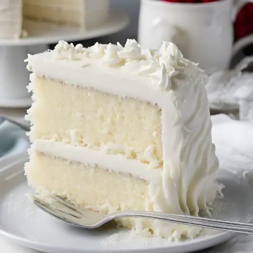 a slice of white cake on a plate with a fork next to the rest of the cake