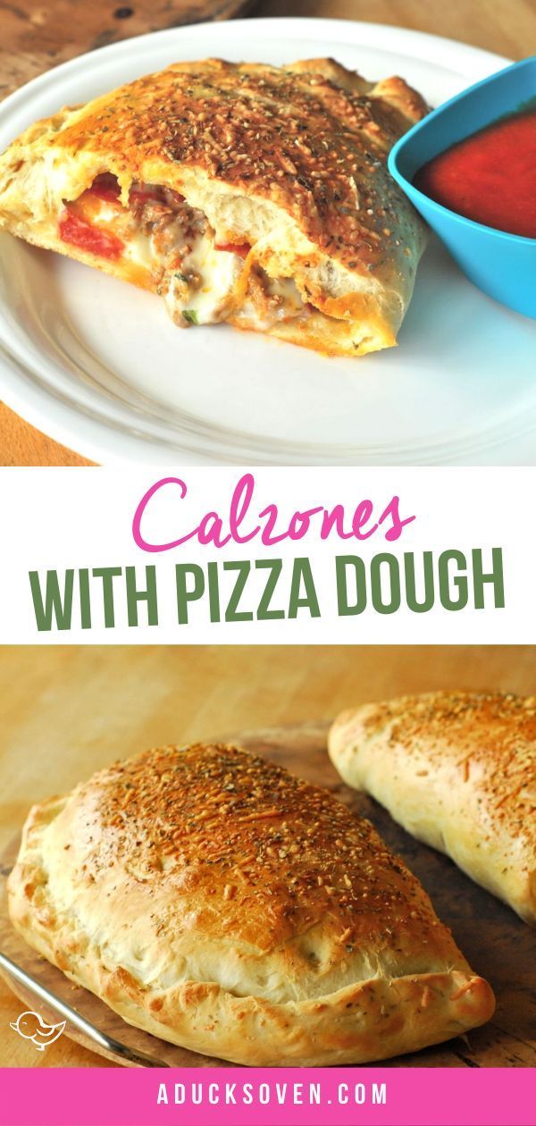 two pictures with different types of food on them and the words calzones with pizza dough